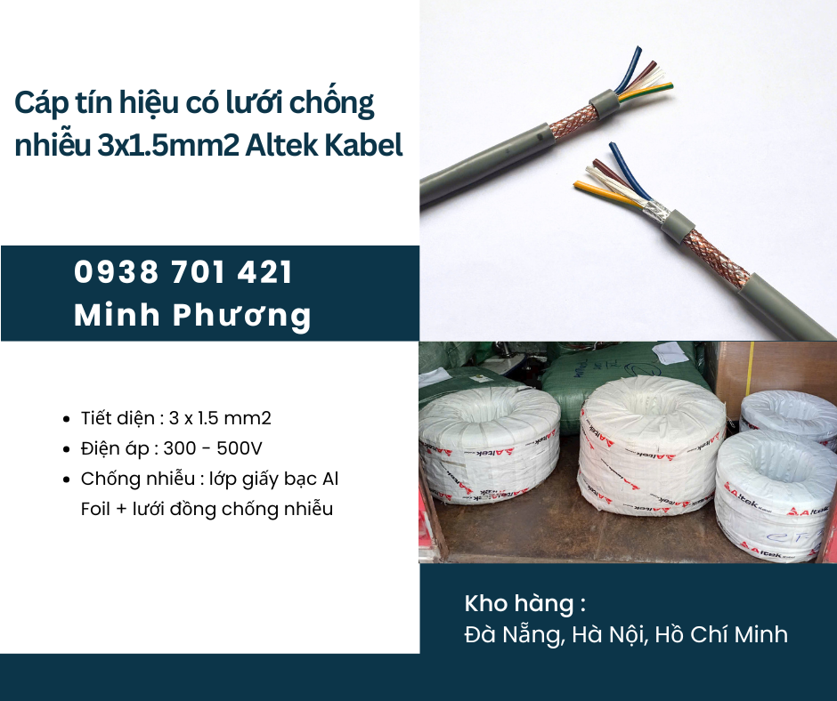 Cáp tín hiệu có lưới chống nhiễu 3x1.5mm2 chính hãng Altek Kabel hỗ trợ giao toà
